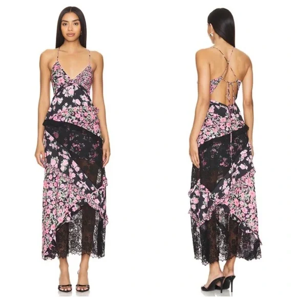 For Love & Lemons Rosalyn Maxi Dress Floral Lace Open Tie Back Black Pink Small - Picture 11 of 12